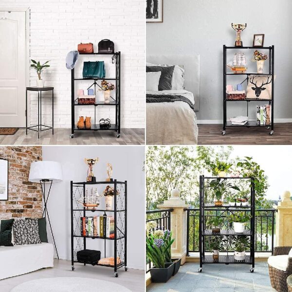 HYMCX 5 Tier Foldable Storage Shelf Rack， Folding Shelving Unit with Rolling Brake Wheels,Garage Bathroom Organizer,Shelve-black