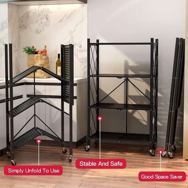 HYMCX 5 Tier Foldable Storage Shelf Rack， Folding Shelving Unit with Rolling Brake Wheels,Garage Bathroom Organizer,Shelve-black - Image 4