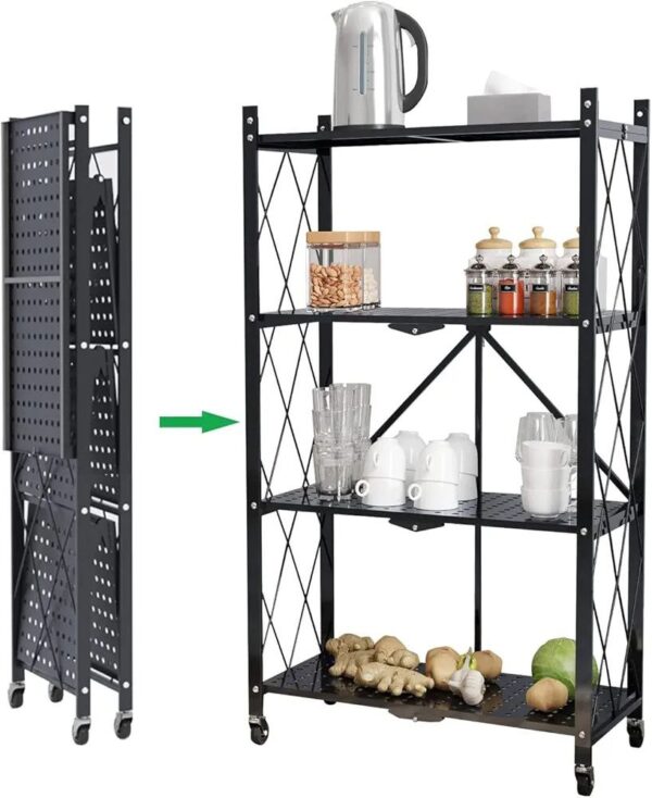 HYMCX 5 Tier Foldable Storage Shelf Rack， Folding Shelving Unit with Rolling Brake Wheels,Garage Bathroom Organizer,Shelve-black - Image 6