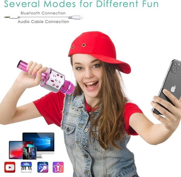 KIDWILL Wireless Bluetooth Karaoke Microphone for Kids, 5-in-1 Portable Handheld Karaoke Mic Speaker Player Recorder with Adjustable Remix FM Radio for Kids Girls Boys Teens Birthday-Hot Pink - Image 4