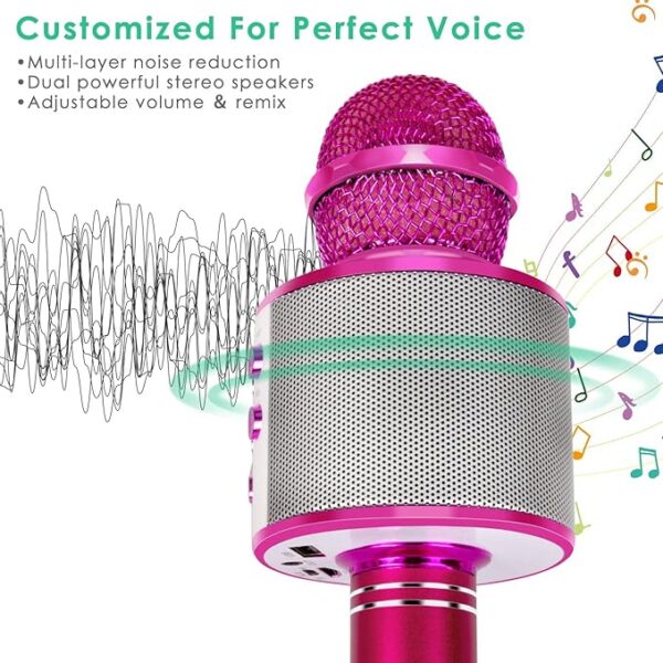 KIDWILL Wireless Bluetooth Karaoke Microphone for Kids, 5-in-1 Portable Handheld Karaoke Mic Speaker Player Recorder with Adjustable Remix FM Radio for Kids Girls Boys Teens Birthday-Hot Pink - Image 3
