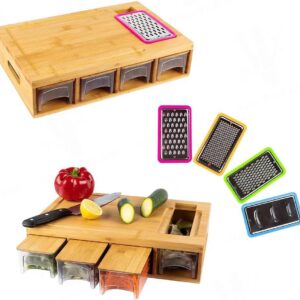 Bamboo Cutting Board with Storage Drawers and Graters