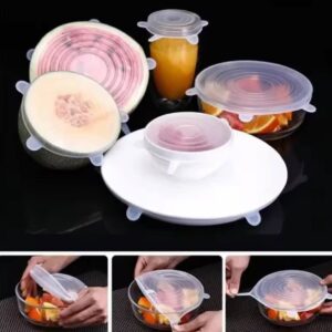 KEUGT Pack of 6 Stretchy Silicone Lids | Silicone Lid Set | Reusable Silicone Cover | Universal Silicone Fresh Lid for Bowls, Pots, Glasses, Cans, Cups (White)