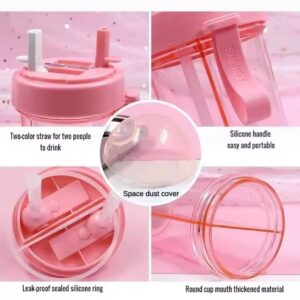 Kisangel double drinking glass travel cup water cup Drink Cup Two straws Couple Outdoor Drinking Cup water heart shaped tea cups creative cup bottle plastic double sided lovers