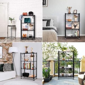 HYMCX 5 Tier Foldable Storage Shelf Rack， Folding Shelving Unit with Rolling Brake Wheels,Garage Bathroom Organizer,Shelve-black