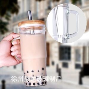 Glass Cups with Bamboo Lids and Straws, Tumbler Cups with Handle 24oz, Mason Jar with Lid-Wide Mouth Drinking Glasses, Boba Cup Smoothie Tumbler Iced Coffee Cup Travel Cups [Bs764]