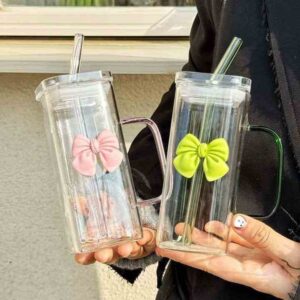 390ml/13oz Minimalist Transparent Glass Cup With Lid And Handle, Large Capacity Glass Cup-Rose Pink Handle (with Straw Lid)[270 sold]
