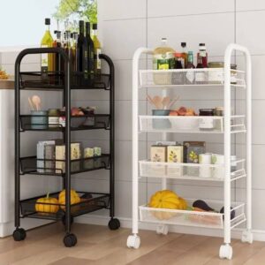 Ample Storage Space, Movable Cart Design, Metal Rolling Storage Cart with Wheels for Office, Kitchen, Bathroom (White Four Layers)[T764]