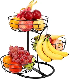 Livabber Fruit Basket Bowl with Banana Hanger, Fruit Vegetable Storage Basket with Banana Tree Holder for Kitchen Counter, Detachable Organizer for Bread Snack Produce (Black, 3-Tier Metal Base[T875]