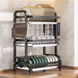 Dish Drying Rack, U-HOOME 3 Tier Stainless Steel Dish Rack with Tray Utensil Holder Dish Drainer with Cutting Board Holder Drain Board Tray for Kitchen Counter Organizer Storage Holder(3 tier)[Oy764]