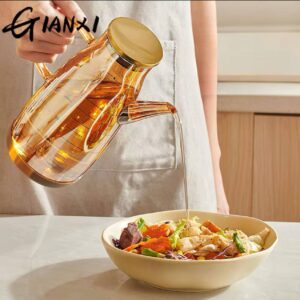 Lemon Tree Glass Oil Dispenser 600ml for Kitchen, Borosilicate Tinted Color Olive Oil Dispenser with Handle & Steel Lid | Airtight, Spill Proof & Silicon Sealing Ring (Golden Brown)[Tw376]