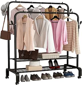Clothes Rack Cloth Drying Stand Clothing Hanger Stand with 2 Clothes Rail, 2 Storage shelf and Rolling Wheel Easy to Move 120x45x155cm Large Capacity for Shoes Clothes Jacket Hats Scarf Handbags Black
