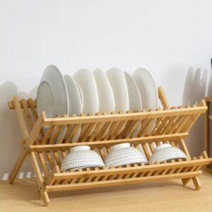 Bamboo Dish Drying Rack with Utensil Holder, Collapsible Wooden Dish Drainer Rack, 3-Tier Large Folding Drying Holder for Kitchen Counter[T653]