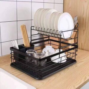 Jorunb 2 Tier Dish Drying Rack and Drainboard Set,Multipurpose Dishes Plates Drainer Organizer for Kitchen Counter with Utensil Holder,16.5"x11.8"x11" (Black, Double Layer) Brand: Jorunb[Bs764]