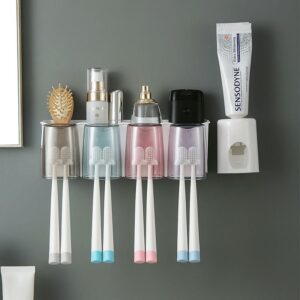 MEITONG Wall Mounted Toothbrush Holders Automatic Toothpaste Dispenser Squeezer with 2 Cups and Toothpaste Dispenser for Bathroom Brand: MEITONG[Bs764]