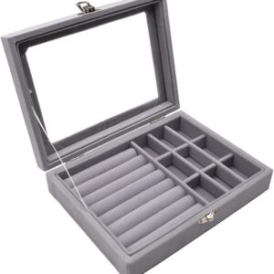 Zliger Earring Organiser Jewellery Box Organizer Velvet Earrings Storage Box Jewellery Display Showcase Jewelry Tray Case Holder Multi-Function Ring Organizer Holder with Clear Glass Lid for Necklaces[Bs764]